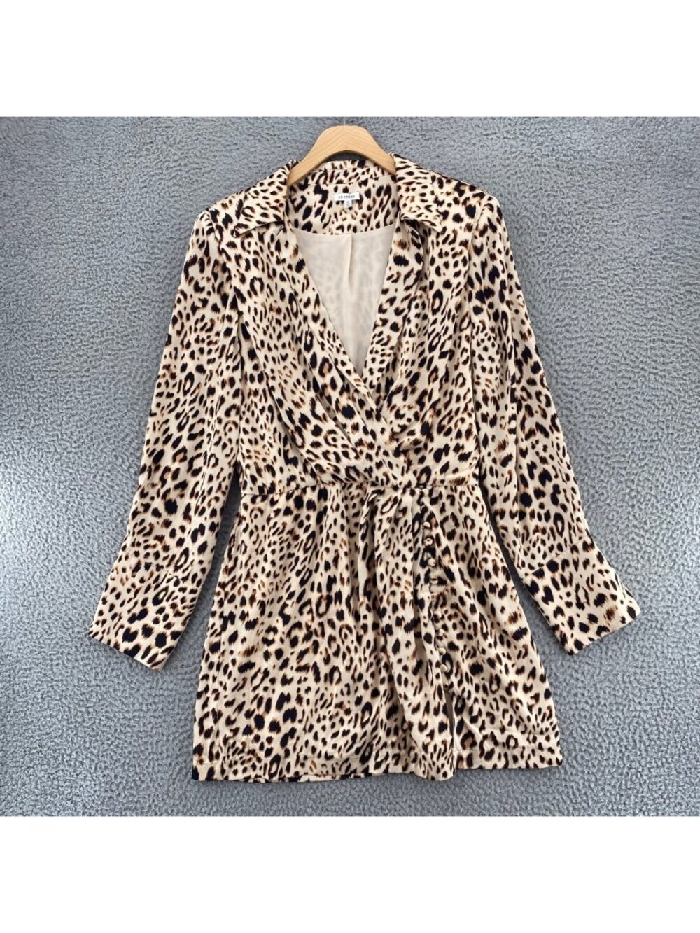 En Creme Dress Women Medium Beige Animal Print Wrap Collared V Neck Blouson Mini